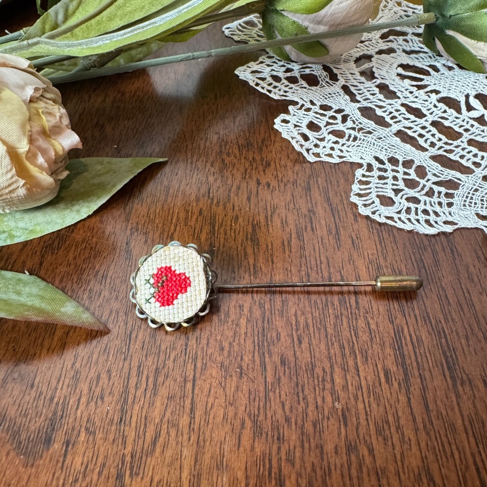 Vintage Strawberry Cross Stitch Stick Pin Brooch Scalloped Metal Cottagecore